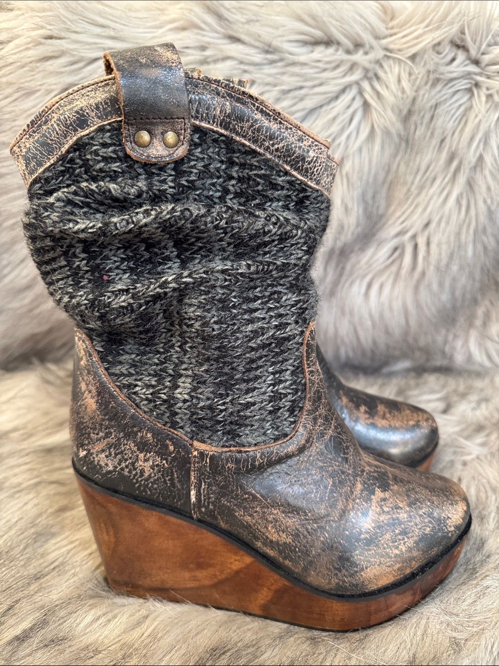 BED|STU Knit-Top Wedge Booties in Distressed Brown and Gray Size 6